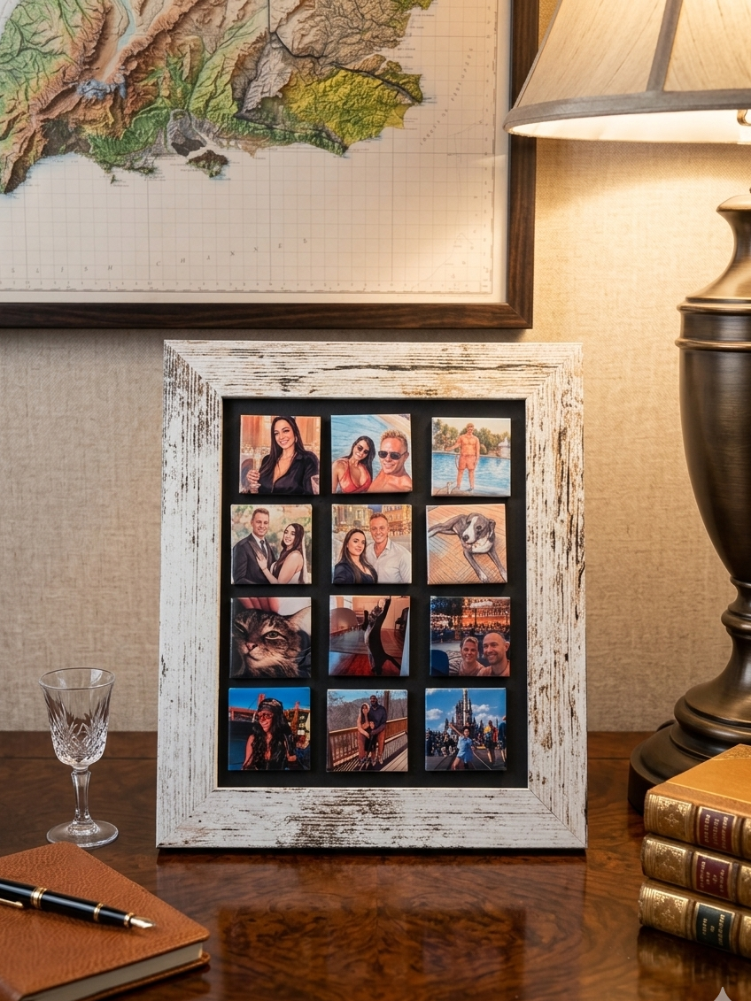 Magnetic Retro Display Frame in MDF – Distressed Brown or Aged White – Included Exactly 12 Magnets (5x5 cm/2x2