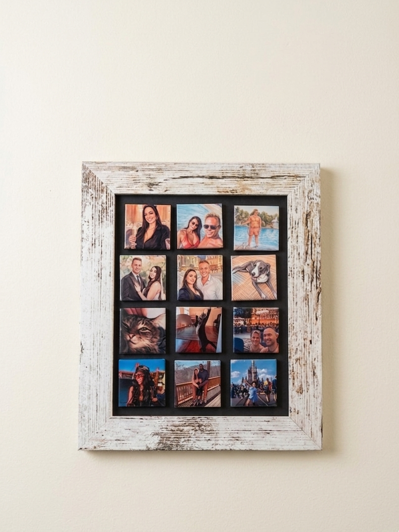 Magnetic Retro Display Frame in MDF – Distressed Brown or Aged White – Included Exactly 12 Magnets (5x5 cm/2x2