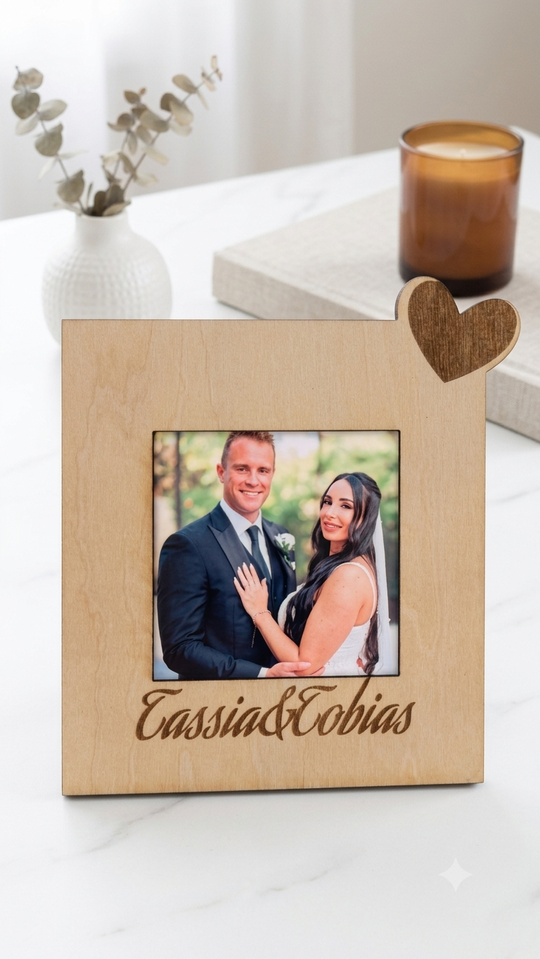 Personalized Wooden Photo Frame with Engraved Names and Photo Magnet