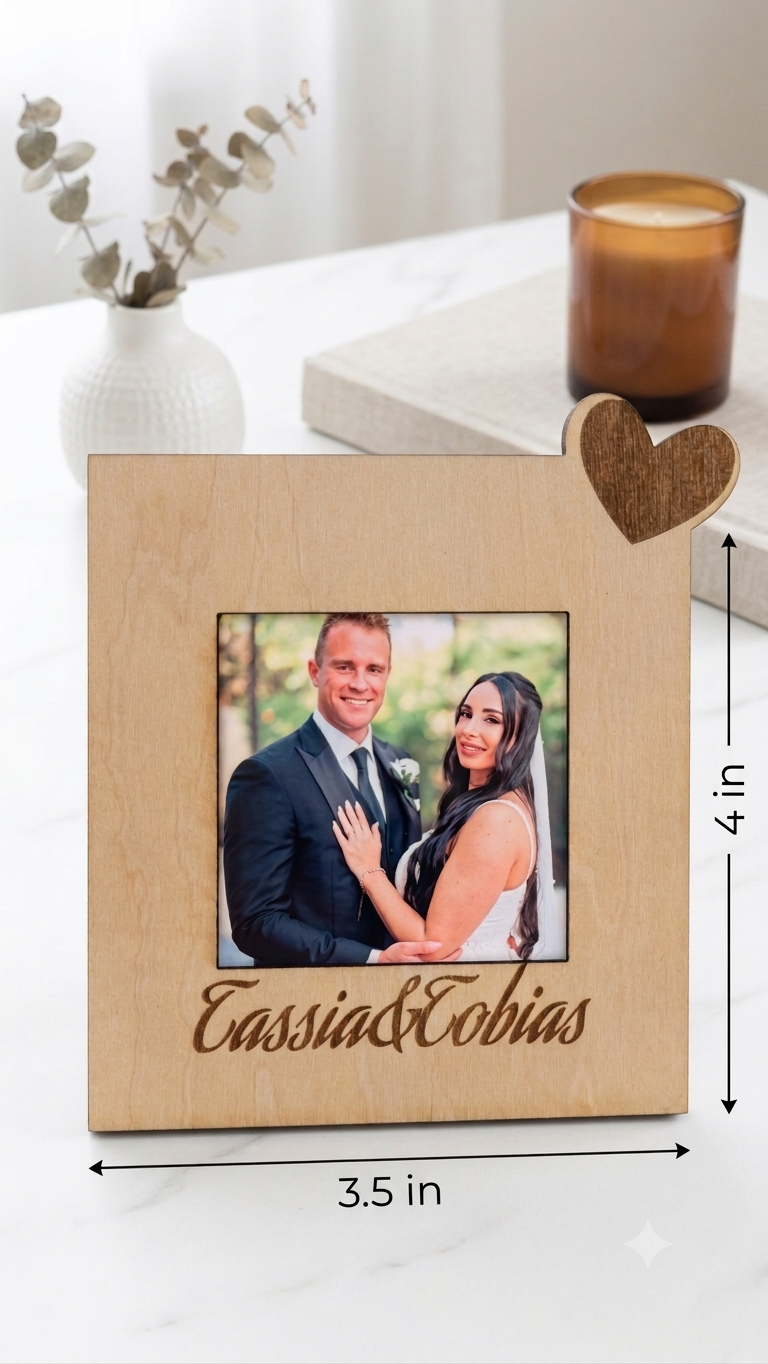Personalized Wooden Photo Frame with Engraved Names and Photo Magnet
