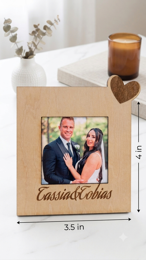 Personalized Wooden Photo Frame with Engraved Names and Photo Magnet