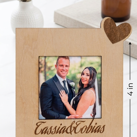 Personalized Wooden Photo Frame with Engraved Names and Photo Magnet