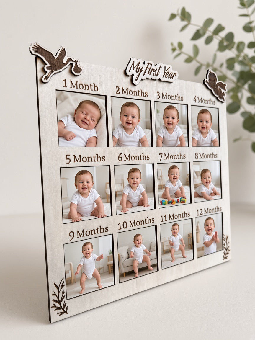 Custom 12-Photo Magnetic Wooden Frame – 12 Month & Year Milestone Board