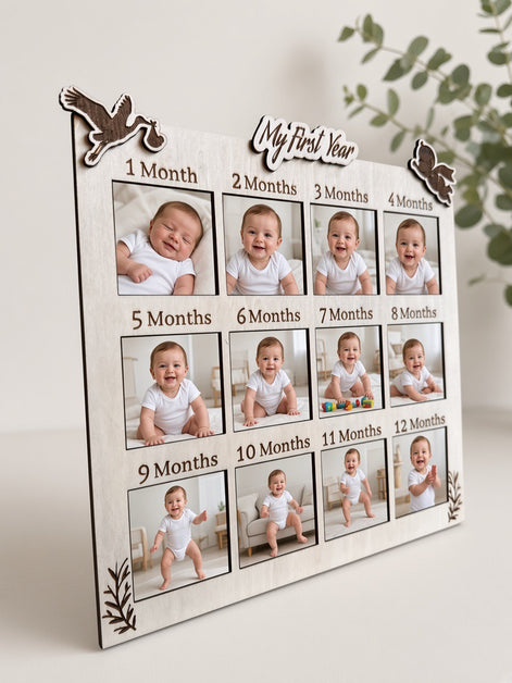 Custom 12-Photo Magnetic Wooden Frame – 12 Month & Year Milestone Board