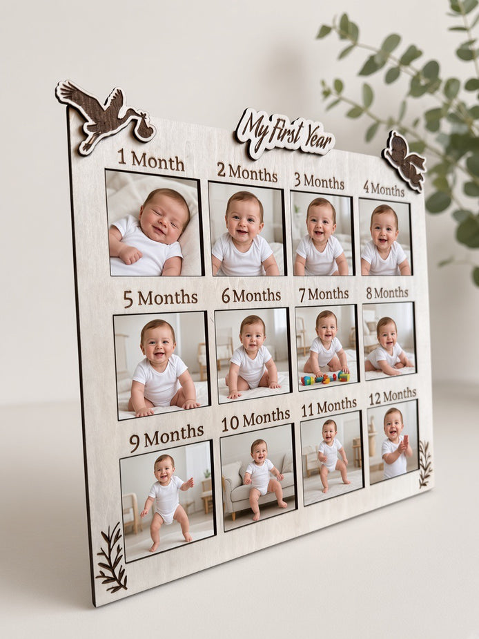 Custom 12-Photo Magnetic Wooden Frame – 12 Month & Year Milestone Board