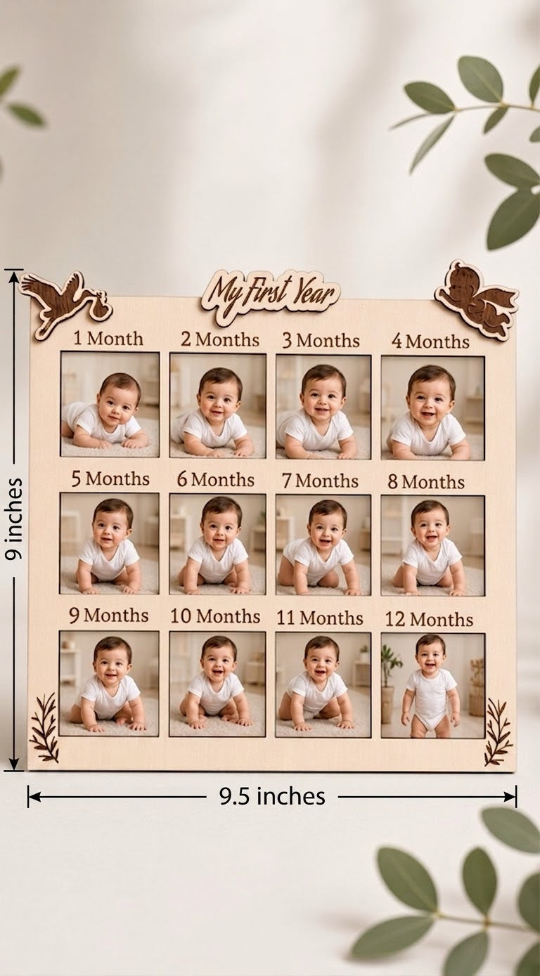 Custom 12-Photo Magnetic Wooden Frame – 12 Month & Year Milestone Board